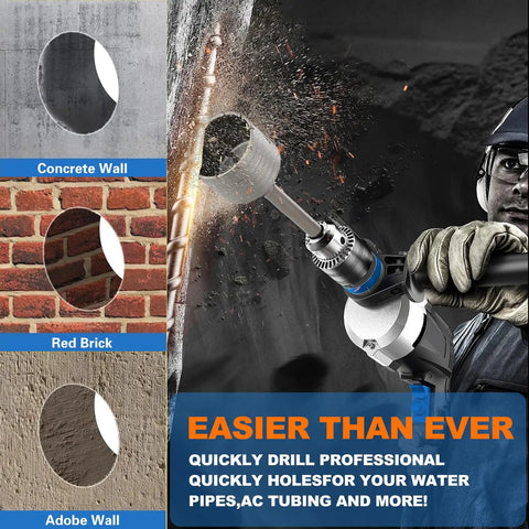 Drilling demonstration with Hole Saw Kit With SDS Plus And Max Shank, showcasing holes in concrete, brick, and adobe walls.