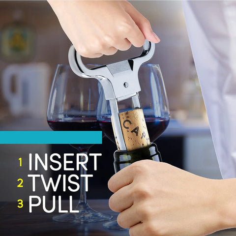 Killer Stainless Steel Two Prong Wine Opener Designed For Vintage Bottles And Fragile Corks in use with corked wine bottle and glasses.