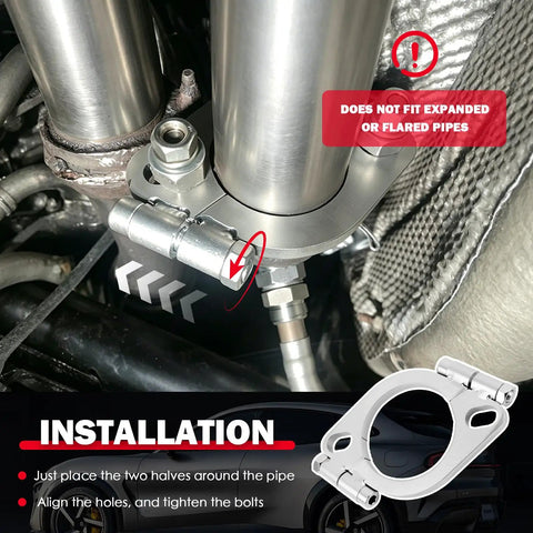 Heavy Duty Split Exhaust Flange Repair Kit Built For Grease Monkeys And Road Trippers Featuring Rock Solid Two And Two Point Five Inch Designs installed on pipes, showcasing the clamp and installation process.
