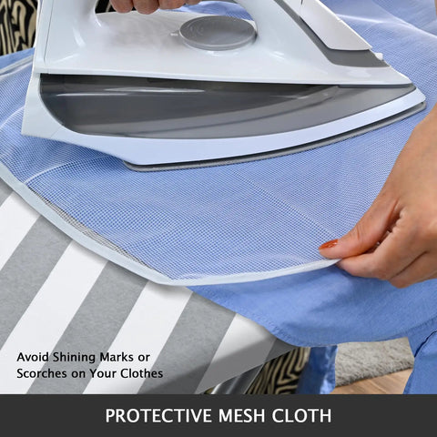 Iron on protective mesh over striped Tiny Tabletop Ironing Board Cover And Pad Cotton Cover With No Fuss Extra Thick Padding.