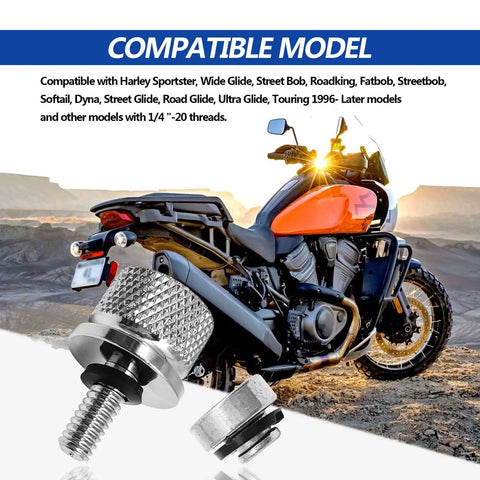 Stainless Motorcycle Seat Bolt Kit With 1/4-20 Threads featuring an orange touring bike in a desert background, close-up of bolt and nut