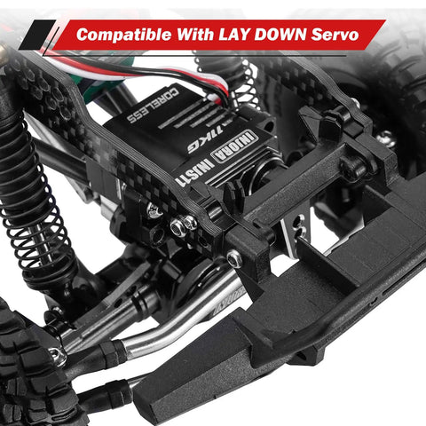 Close-up of Beefed-Up Universal LCG Carbon Fiber Chassis Frame Kit showing lay-down servo support with thickened rails for TRX4M RC cars.