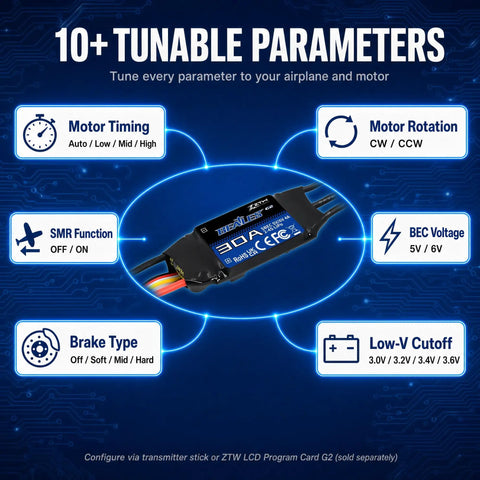 Diagram showing Beatles G2 30A ESC for RC Plane and Fixed Wing Aircraft with tunable parameters including BEC voltage and brake type.