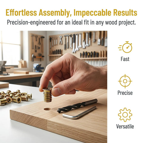 Heavy Duty Threaded Wood Insert Kit With Solid Hex Drive Metal Nuts For Secure Fastening In Cabinets Tables And General Furniture Woodworking Projects That Look And Feel Totally Rad And Built To Last. hand placing brass wood insert, drill bit and hex key on wood board