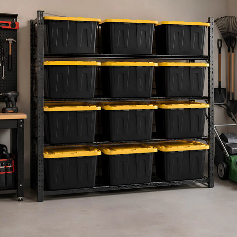 Tough As Nails Heavy Duty Storage Totes With Lids 27 Gallon stacked on shelves in garage, perfect for organizing seasonal gear.