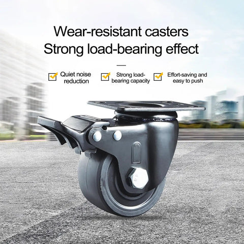 Sets Of 4 Bulletproof 3 Inch Swivel Caster Wheels With Secure Brakes Heavy Duty Polypropylene Ball Casters That Roll Like Butter On Furniture Zero Fuss Upgrade For Hardwood Or Carpet Floors - Close-up of black swivel caster with brake.