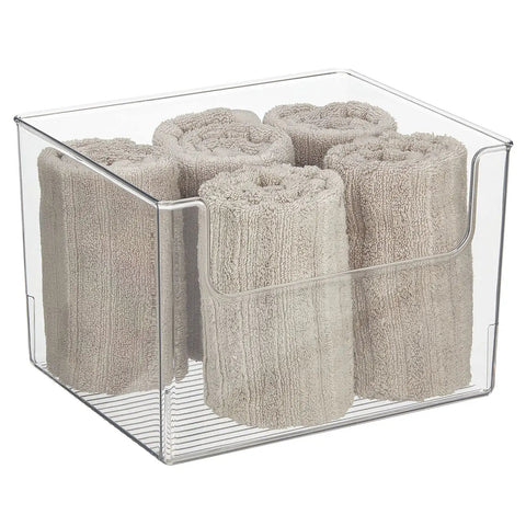 Open Front Bathroom Storage Bins for Vanity Cabinets and Closets, clear plastic cubby organizer with towels inside.