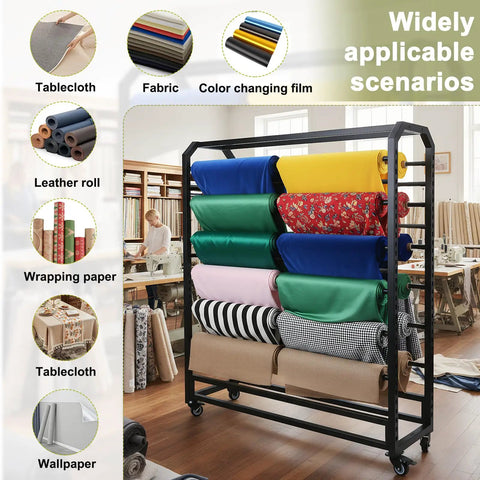 Straight Up Heavy Duty 16 Rods Fabric Roll Storage Rack With Adjustable Hanging Bars Easy Glide Casters No Fuss Vinyl Holder On Wheels in workshop with various rolls of fabric.
