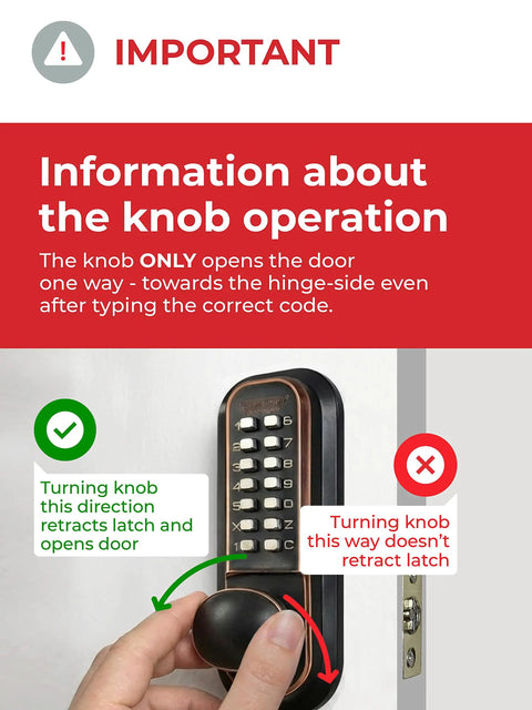 Mechanical Keyless Combination Latch Door Lock With Flat Spindle Double Sided Keypads For Gates Fences And Windows No Battery Or Power Needed Bump Key Proof Oil Rubbed Bronze Finish Not A Deadbolt, showing correct knob operation direction.