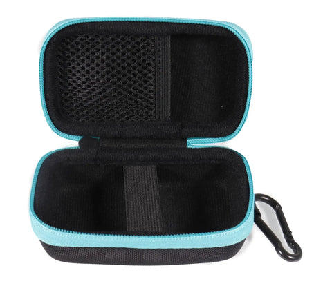 Heavy Duty Semi Hard Carrying Case For Laser Distance Meter With Two Bubble Levels open view, black and teal zippered design with mesh pocket.