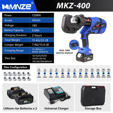 Heavy Hitter Rechargeable Electric Hydraulic Cable Lug Crimper Packs 12 Ton Punch For Quick Continuous Crimps with digital display and batteries.