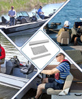 Collage of boats with Tilt-N-Slide Boat Seat Pedestal Base With 15-Inch Rails, featuring aluminum frames and sliding function.