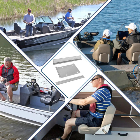 Collage of boats with Tilt-N-Slide Boat Seat Pedestal Base With 15-Inch Rails, featuring aluminum frames and sliding function.