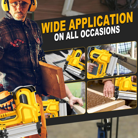 Professional using Straight Shooting Heavy Duty Cordless Brad Nailer And Staple Gun Workhorse for woodworking projects.