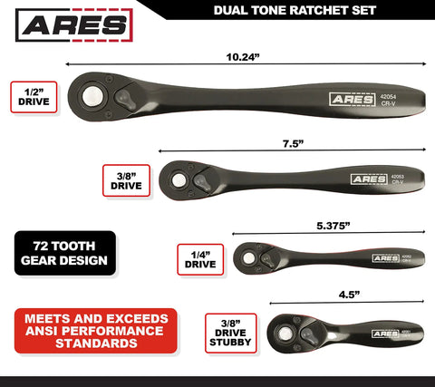 Dual Tone 72 Tooth Ratchet Set With Easy Quick Release Sockets, 4 Piece Including 1/4, 3/8, 1/2 Inch Drives And Stubby 3/8