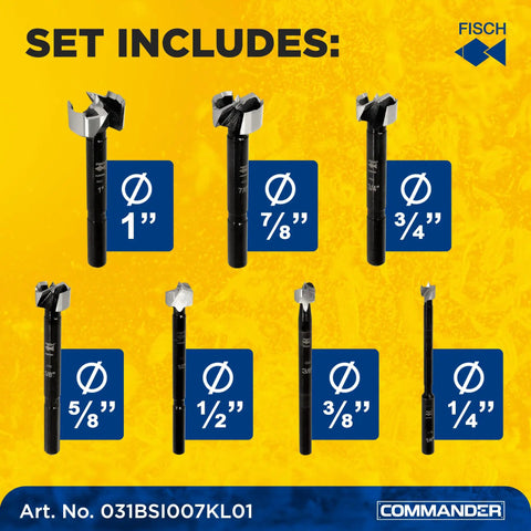 Forged Steel Forstner Drill Bit Set, seven pieces from 1/4 inch to 1 inch arranged with sizes labeled on a yellow background.