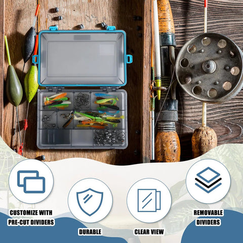 Open Six Pack Waterproof Fishing Tackle Boxes 3600 And 3700 with removable dividers, lures inside, on wooden surface.