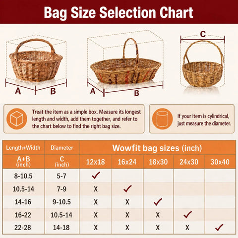 Bag Size Selection Chart with dimensions for Wowfit bag sizes, showing guidelines for choosing the right cellophane bag size for gifts.
