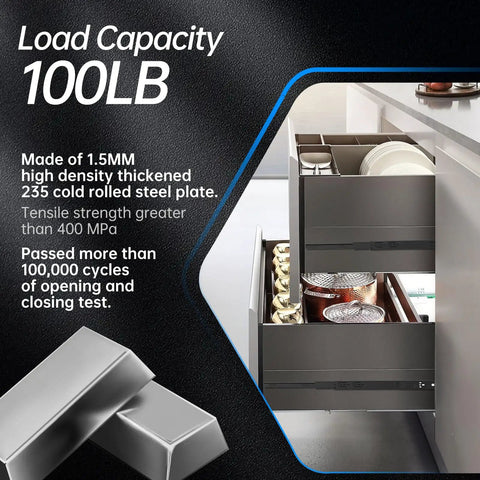 Side Mount Soft Close Drawer Slides 10 Pack Full Extension Ball Bearing Glides For 18 And 20 Inch Drawers Heavy Duty 100 Lb Capacity Black Finish Set Included showing open drawers with kitchen items.