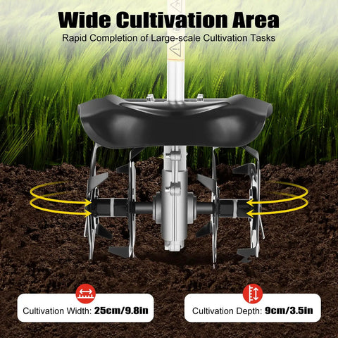 Gas Powered Tiller Cultivator With 51.7Cc 2 Stroke Engine showing cultivation width of 25cm and depth of 9cm