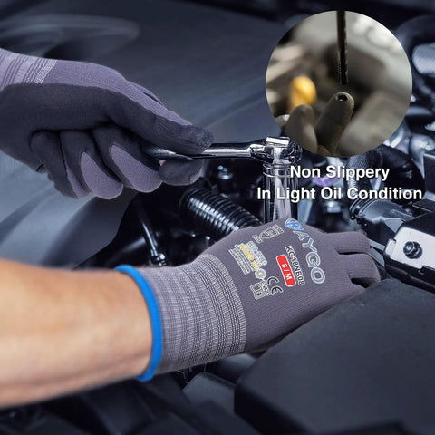 Person using MicroFoam Nitrile Coated Work Gloves With 25 Percent Thinner Coating 3 Pairs Seamless Knit Nylon for automotive repair