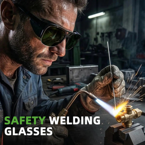 Heavy Duty Welding Safety Glasses With Ir Shade 3.0 Lens And Ansi Z87 Certified Impact Guard For Grinding Cutting And Warehouse Jobs, worn by man using welding torch.
