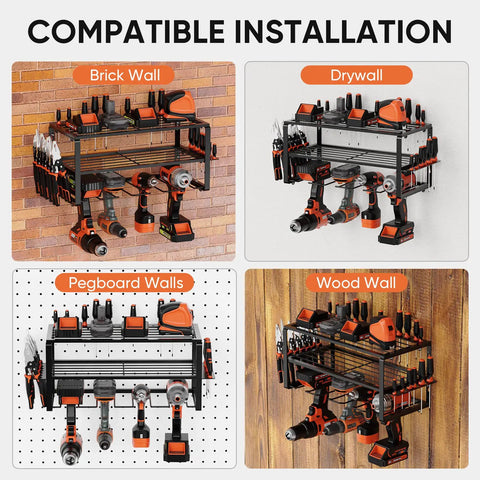 Heavy Duty Tool Organizer Rack For Garage Wall Mounted Drill Storage With Charger Shelf 100lbs Weight Capacity Easy Install on various wall types