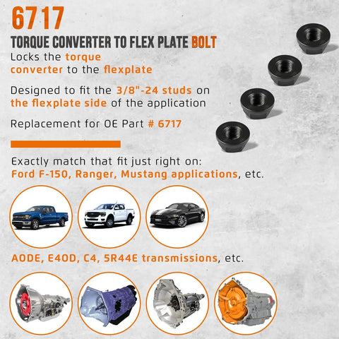 Beefy 3/8 24 Torque Converter To Flex Plate Bolts For Automatic Transmissions Secure Locking Fasteners Fits Aode E4od C4 Crank Adapter set of four, black flanged design.