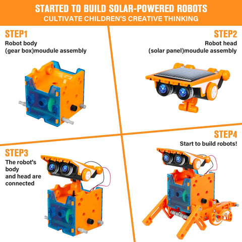 Sun Powered 13 in 1 Solar Robot Kit for Kids Ages 8 to 12, assembly steps for building solar-powered robot, gear box to complete robot