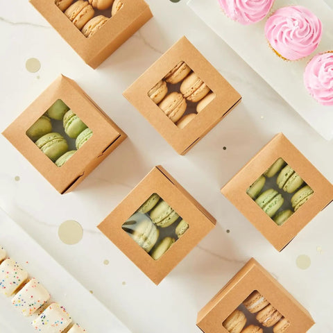 Heavy Duty Brown Cardboard Cookie Boxes With Clear Viewing Window Four By Four Inch Pastry Containers For Cupcakes Mini Pies And Sweet Treats Fifty Pack containing colorful macarons.