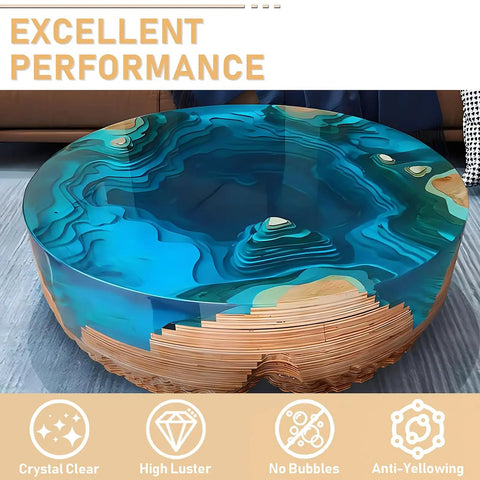 Top Shelf Crystal Clear Epoxy Resin Kit 1.1 Gallon high gloss coating on a blue and wooden coffee table.