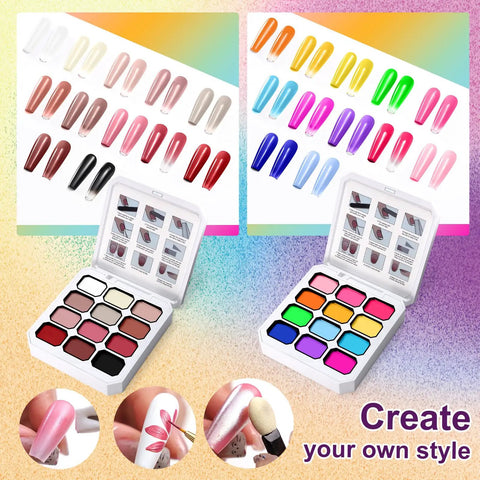 24 Color Gradient Nail Gel Palette Set with Nude White Pink Blue Black Ombre Shades, HEMA Free and TPO Free Formula in packaging