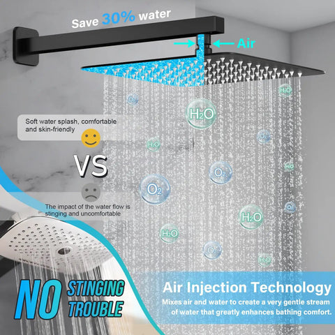 Straight Up Tough Matte Black Shower Faucet Set Featuring A 10 Inch High Pressure Rain Shower Head, showcasing air injection technology for gentle water flow.