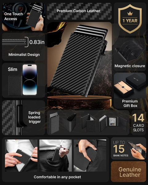 Pop Up Aluminum Card Wallet With RFID Blocking, Slim Minimalist Front Pocket Carry with carbon fiber look, sleek everyday carry