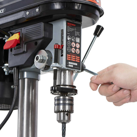 Close-up of 8 Inch Benchtop Drill Press With 9 Adjustable Speeds From 500 To 3200 RPM, 4.2 Amp Motor, 0.68HP Power for Precise Drilling