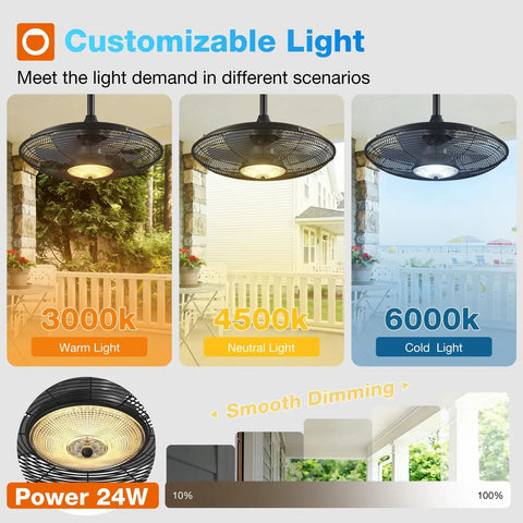 Outdoor Ceiling Fan With Light For Patios And Pergolas showcasing 3-CCT dimmable lighting, warm, neutral, and cold light options.