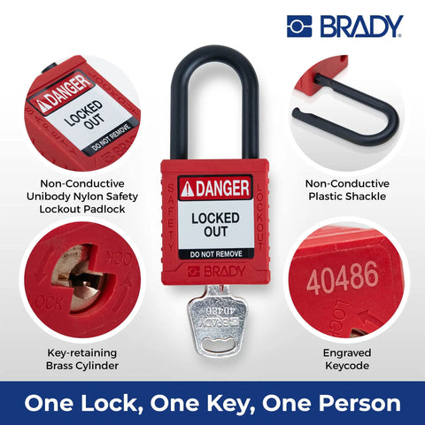 Top Shelf Safety Lockout Tagout Padlock Set Six Pack Of OSHA Compliant Nylon Locks With Key Retaining Brass Core And Smooth Operator Finish For Serious Jobsite Hustle showing a red nylon lock with key and plastic shackle.