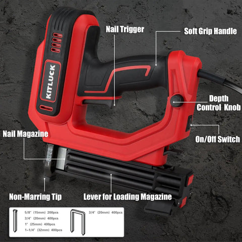 Hella Versatile 2 In 1 Electric Brad Nailer And Staple Gun showing trigger, grip handle, and magazine features.