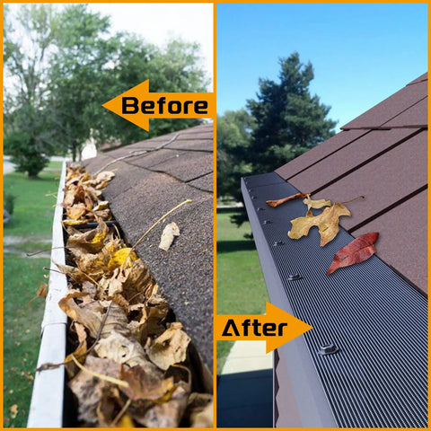 Before and after using Universal Stainless Steel Micro Mesh Gutter Guard For 4 Inch 5 Inch And 6 Inch Gutters Leaf Protection To Stop Debris And Clogged Downspouts Easy Do It Yourself Install Heavy Duty Gutter Cover With 48 Feet Of Coverage Dark Grey showing clear gutter