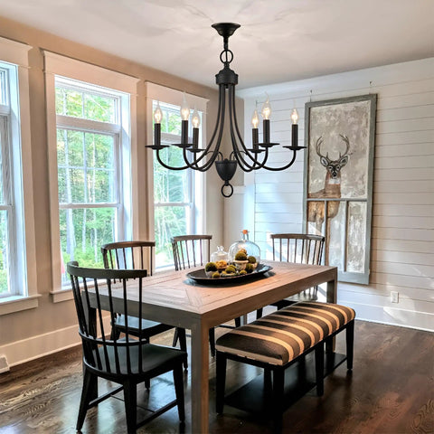 Six Light Black Farmhouse Chandelier With Industrial Modern Vibe Candle Style Hanging Light Fixture in dining room