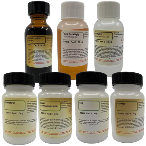 Drug Detection And Analysis Kit For Classroom Forensic Science Labs With 15 Group Materials And Hands On Tests Including Aspirin Control Experiments And Realistic Case Scenarios, bottles of chemical reagents