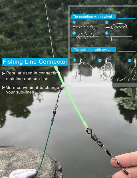Fishing demonstration with 210 Piece Rolling Bearing Snap Connector Swivels Set for saltwater and freshwater fishing.