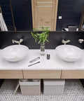 Round Ceramic Above Mount Bathroom Sink With No Overflow Center Drain BA351 Premium Porcelain Basin in modern bathroom setting
