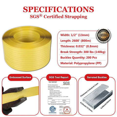 Badass Heavy Duty Poly Strapping Banding Kit With Ratchet Tensioner Hand Sealer Steel Seals And 2600 Foot Polypropylene Roll specifications on an informative display.