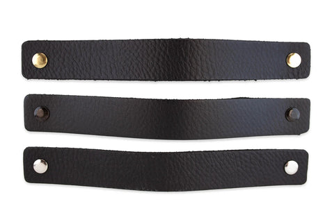 Black Leather Drawer Pulls 2 Piece Set Measuring 7 7/8 By 1 1/2 Inches Leather Handles For Cabinets And Dressers with metallic accents.