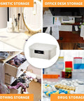 Solid Heavy Duty Lockable Storage Container Bin With Easy Combo Lock Secure File Organizer Box For Home Office Gear Built Tough Plastic Tote In White Finish on office desk.