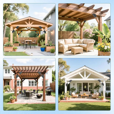 Pergolas and porches using Beefed Up Heavy Duty 45 Degree Arc Wood Post And Beam Angle Brackets Kit, black, 8 pack, rustproof.