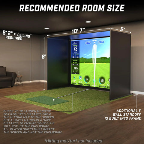 10 By 8 Foot Golf Simulator Enclosure Net With Frame And HD Impact Screen Kit setup in room, recommended size dimensions shown