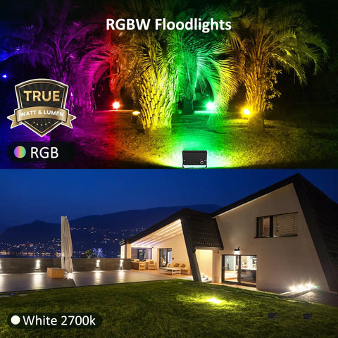 RGB LED Flood Light Kit With Remote For Outdoors displaying color-changing landscape lighting and warm white uplighting on house exterior