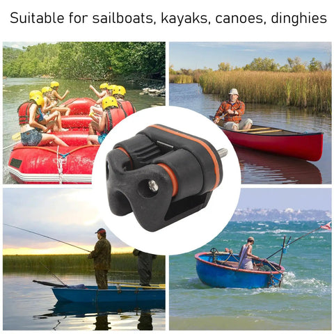 Heavy Duty Rope Cam Cleat With Kickass Quick Release Grip designed for kayaking and marine rigging shown with various watercraft.